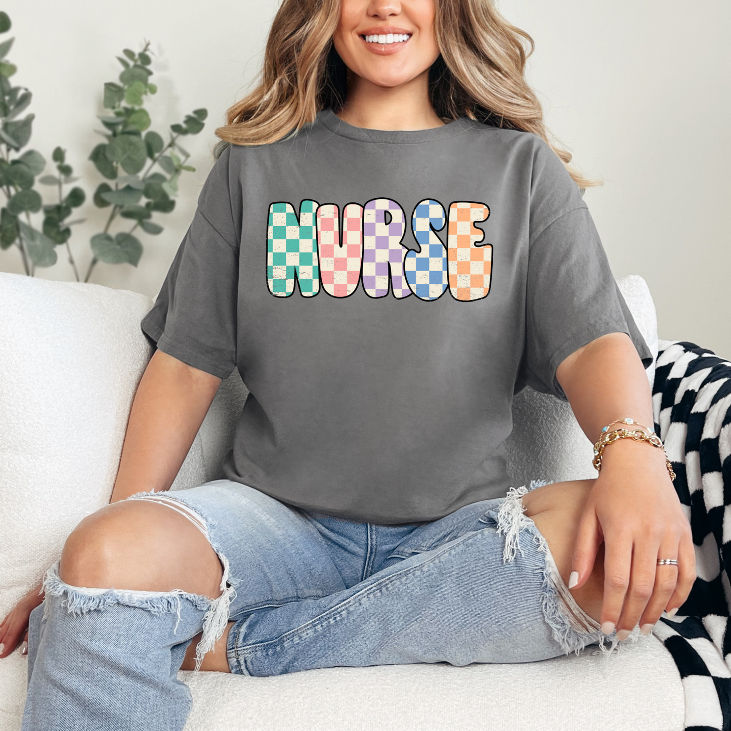 Checkered Nurse Tee | Distressed