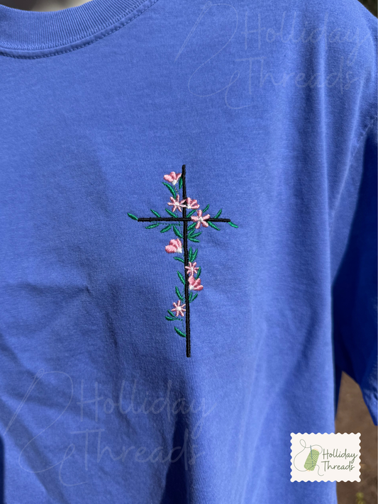 Simple Floral Embroidered Cross Tee