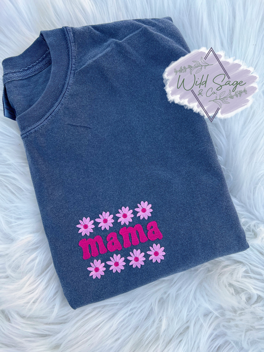 Mama Flowers Embroidered Pocket Tee