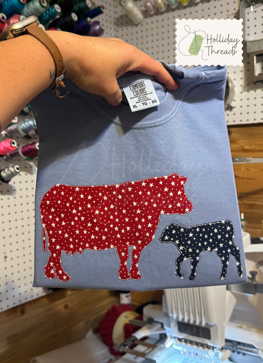 Patriotic Cow Calf Embroidered Tee