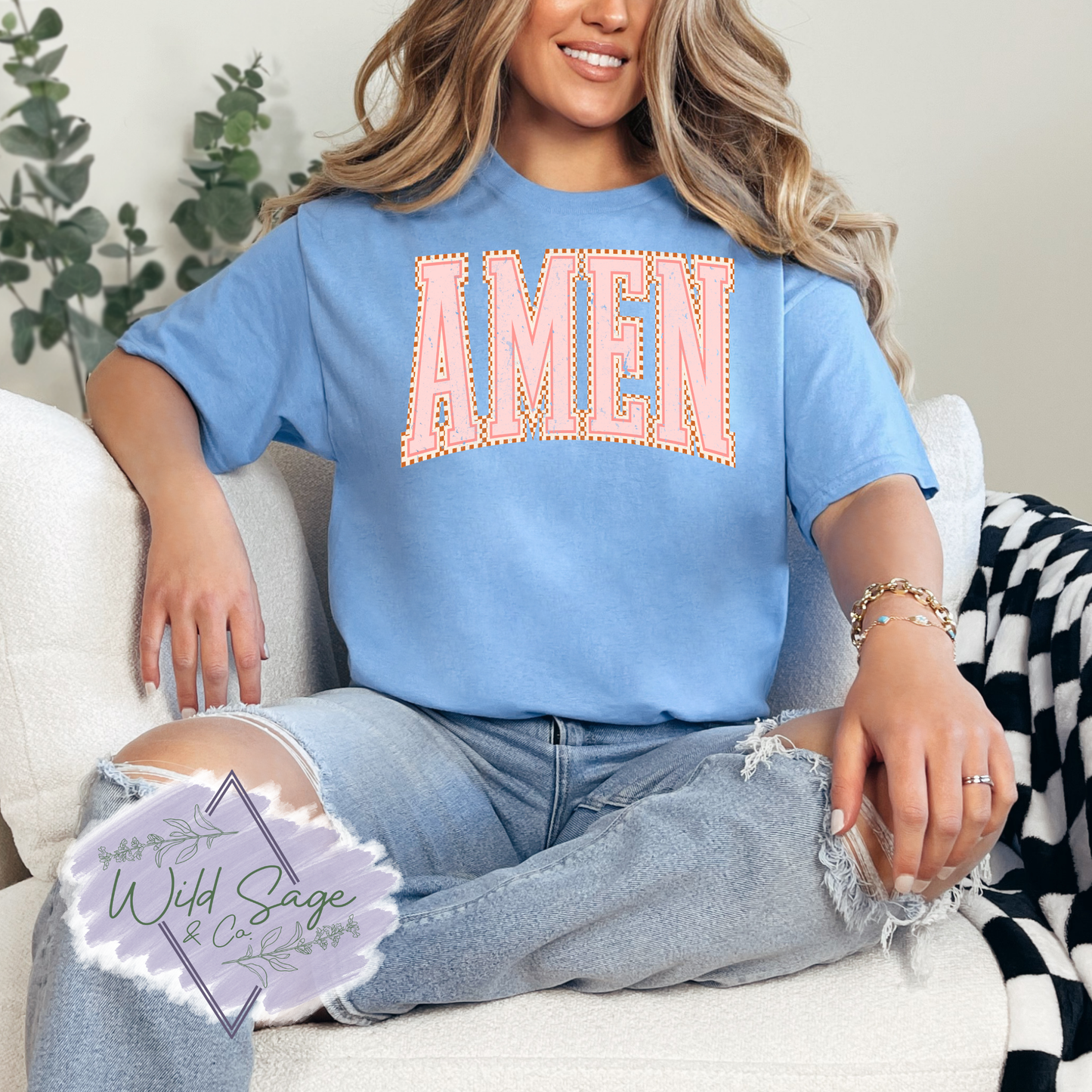 Amen Checkered Tee | Peach
