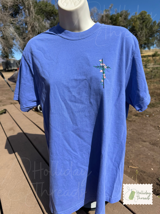 Simple Floral Embroidered Cross Tee
