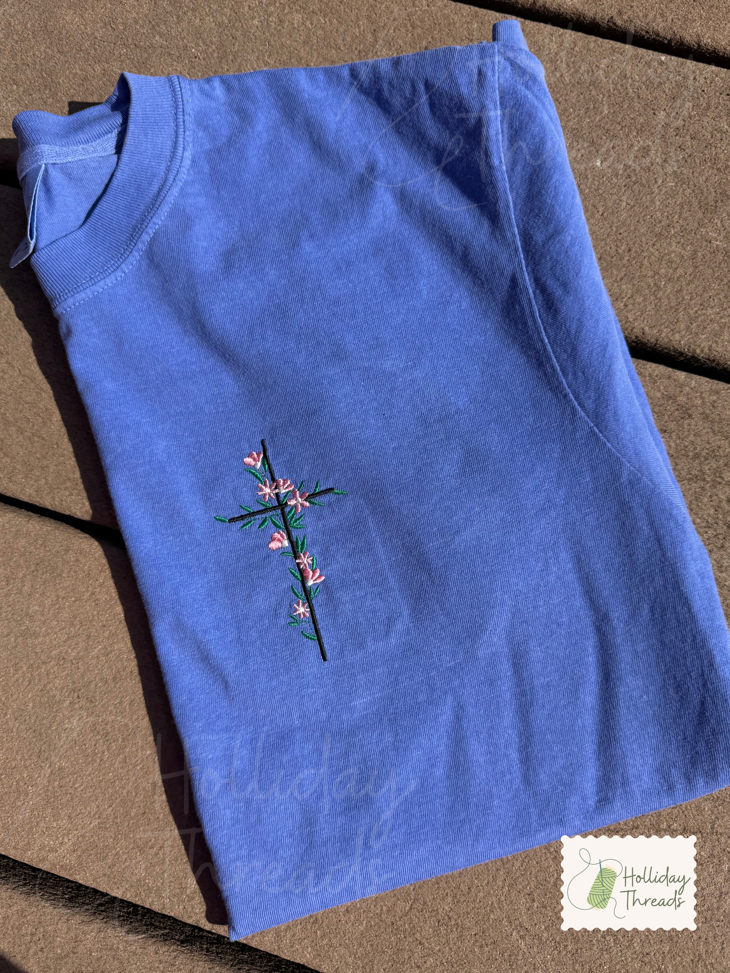 Simple Floral Embroidered Cross Tee