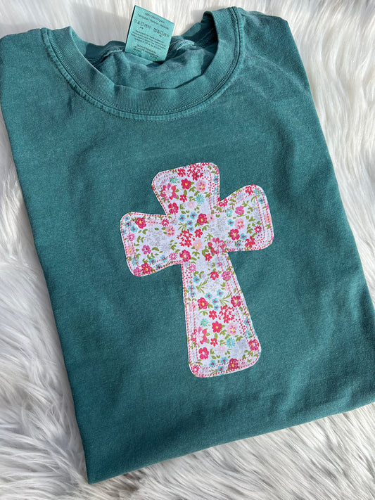 Floral Cross Embroidered Tee