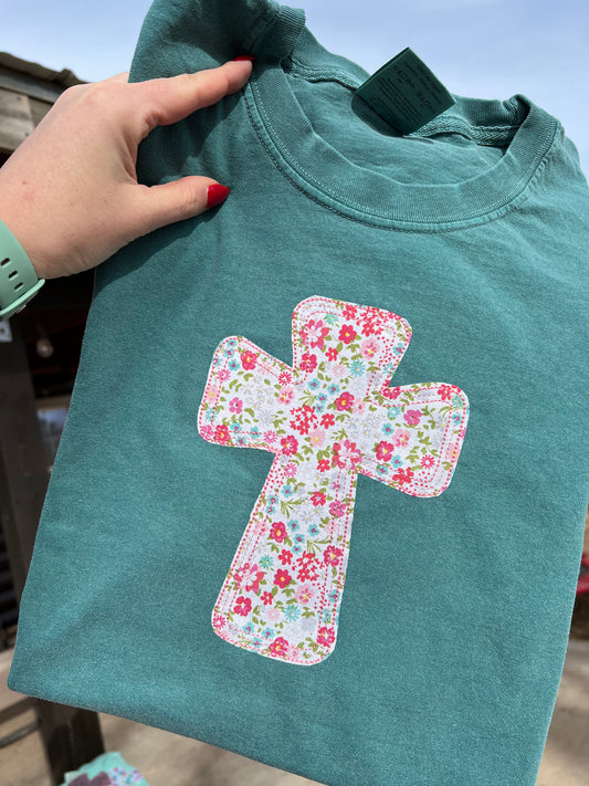 Floral Cross Embroidered Tee