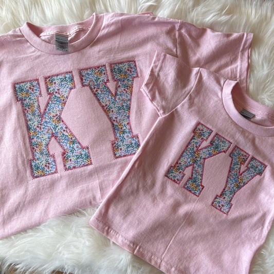 Pink State Initial Floral Embroidered Tee